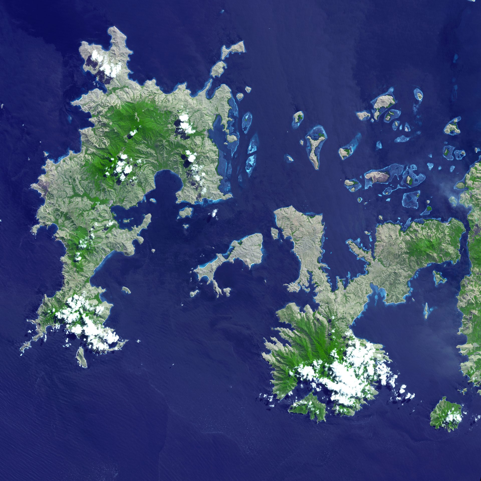 Satellite view of Komodo National Park islands (Komodo, Rinca, Padar) in the Lesser Sundas